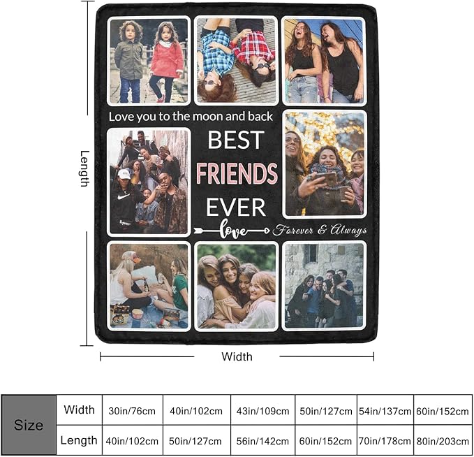 Gifts for Friend Customized Blanket with Photo, Make a Personalized Friends Blankets with Picture Custom Memories Souvenir Throw Blanket for Best Friends Ever, 8 Collage Made in USA