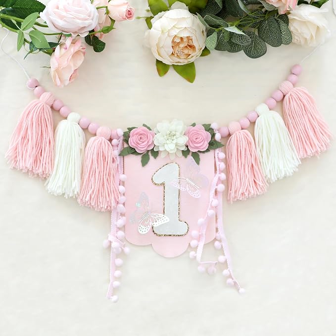 JUIIZAY Pink Flower First Birthday Party Decorations for Girl Butterfly Highchair Banner Hat One Floarl Cake Topper 1st Party Decor