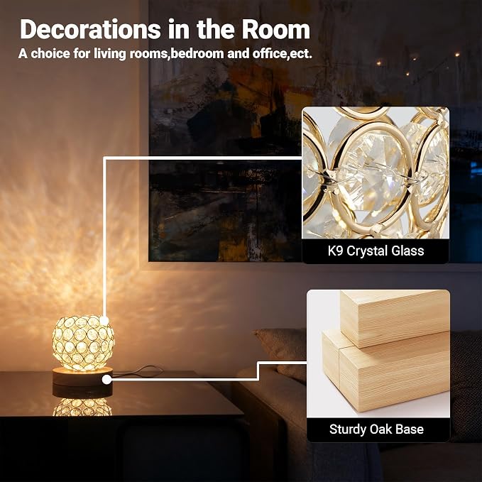 Crystal Mood Table Lamp, Voice Control K9 Glass Sphere Light, Wood Base