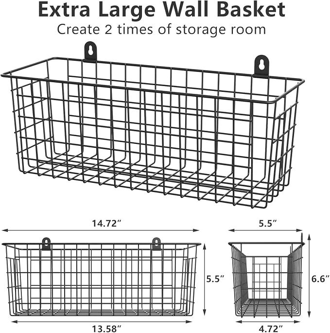 MaraFansie [Extra Large] Wire Basket 2-Pack Hanging Wall Organizer Cabinet Storage Basket Wall Mounted Shelves Rustic Farmhouse Decor for Home Kitchen Bathroom, BLACK