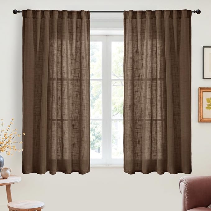 YoungsTex Brown Linen Semi Sheer Curtains 45 Inches Long 2 Panels | Short Drapes with Rod Pocket Back Tab Rustic for Bathroom Living Room Window, 42 X 45 Inch