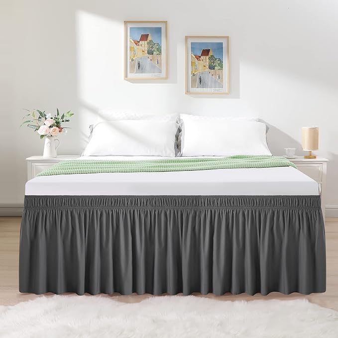 Dark Grey Bed Skirt King Size 18" Drop, Elastic Wrap Around Bedskirt | Solid Ruffled, Easy to Use, No Mattress Lifting, Wrinkle & Fade Resistant, with Adhesive Strips, Machine Wash/Dry/Iron