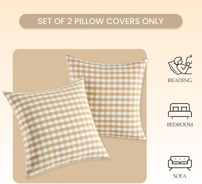 CARRIE HOME Brown Gingham Checkered Throw Pillow Covers 18x18 Set of 2, Neutral Modern Farmhouse Dark Brown Khaki Outdoor Pillows 18 x 18 for Porch Patio Furniture (No Pillow Inserts)