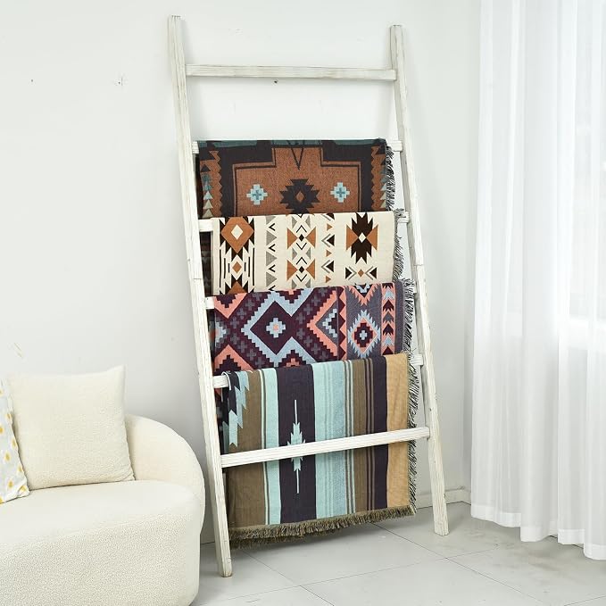 FUIN Blanket Ladder, 38in Extra Wide Solid Wood Rustic Decor Rack, White | 6.4 ft high and 38 in wide, farmhouse quilt display ladders, organize blankets, leaning wall, bathroom and living room use