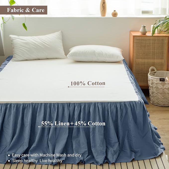 BISELINA French Linen Bed Skirt with Pleated Frills 14-Inch Tailored Drop Natural Flax Cotton Blend Dust Ruffle Soft Cozy Farmhouse Bedding (14" Queen, Navy Blue)