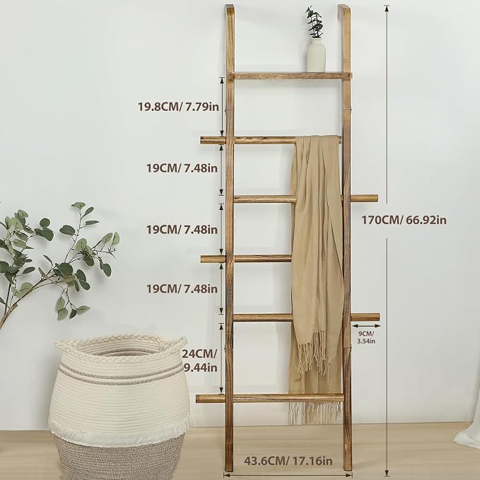 Taozun Wooden Blanket Ladder with Shelf for the Living Room, Total 6-tier | 67-Inch Farmhouse Blanket Rack with 5 Pegs for Towels, Quilt and Throws, Wood Blanket Holder for Organization and Display