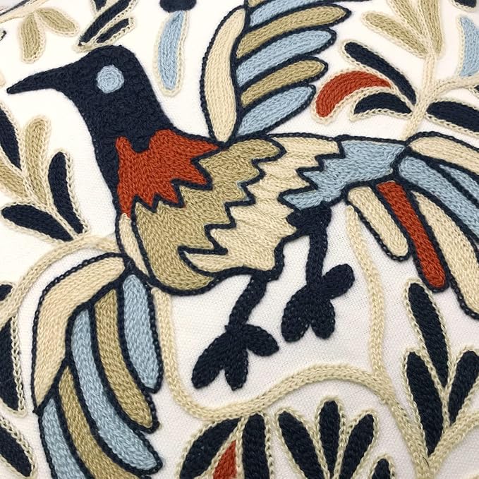 Alysheer Embroidered Decorative Throw Pillow Cover 18x18 inch, Lucky Bird Boho Embroidery Happy Knit Pattern Cotton Cushion Case for Sofa Couch Car Living Room Bedroom Garden Gifts(Ivory Navy)
