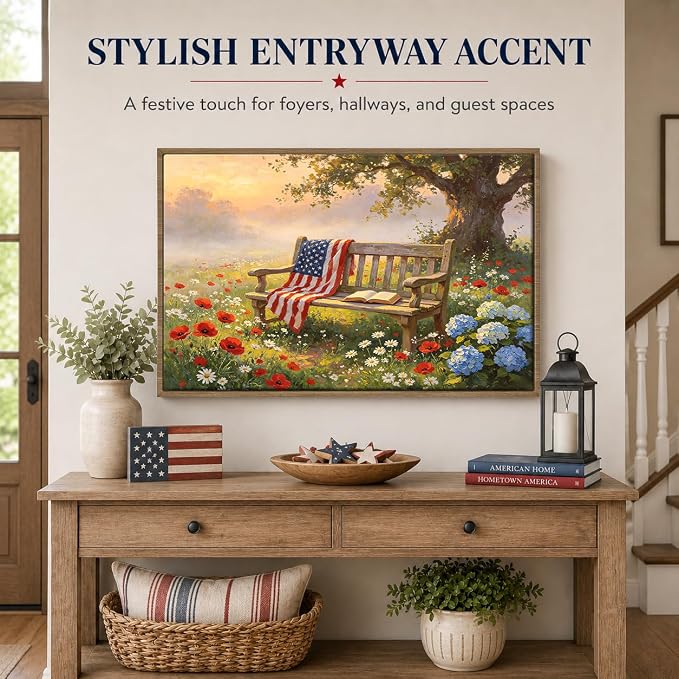 American Flag Framed Canvas Wall Art, 4th of July Patriotic Canvas Prints | Wildflower Landscape Poster Print, Vintage Rustic Independence Day Wall Decor for Bedroom Living Room Office 20×24in