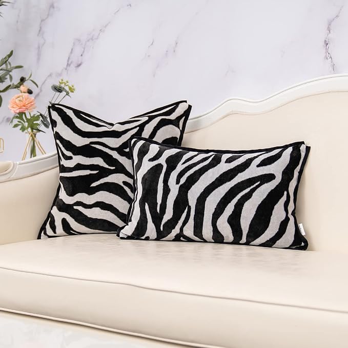 Yangest Black Rectangle Pillow Cover Cut Velvet Zebra Print Cushion Cover Luxury Modern Pillowcover for Couch Living Room Bedroom,12x20 Inch