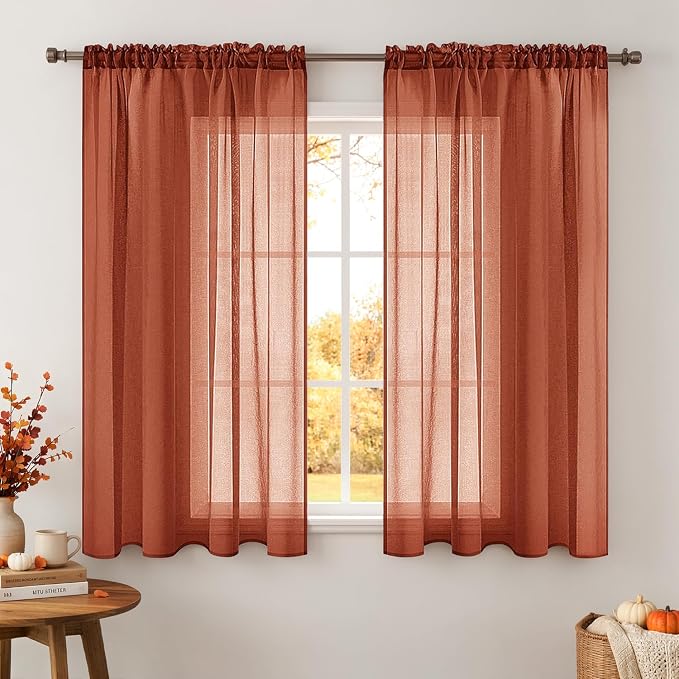 MIULEE Boho Fall Terracotta Linen Textured Sheer Curtains 42W×45L Kitchen | Semi Transparent, Farmhouse, Window Net Panels with Rod Pocket for Bedroom Living Room