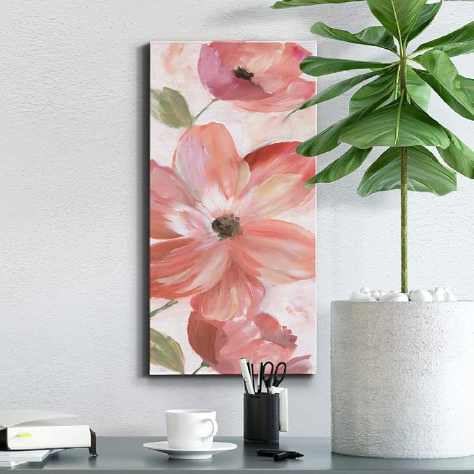 Renditions Gallery Canvas Floral Wall Art Home Paintings & Prints Pink Blooming Flowers Glam Modern Botanical Vibrant Decorations Artwork for Bedroom Office Kitchen - 8"x16" LT43
