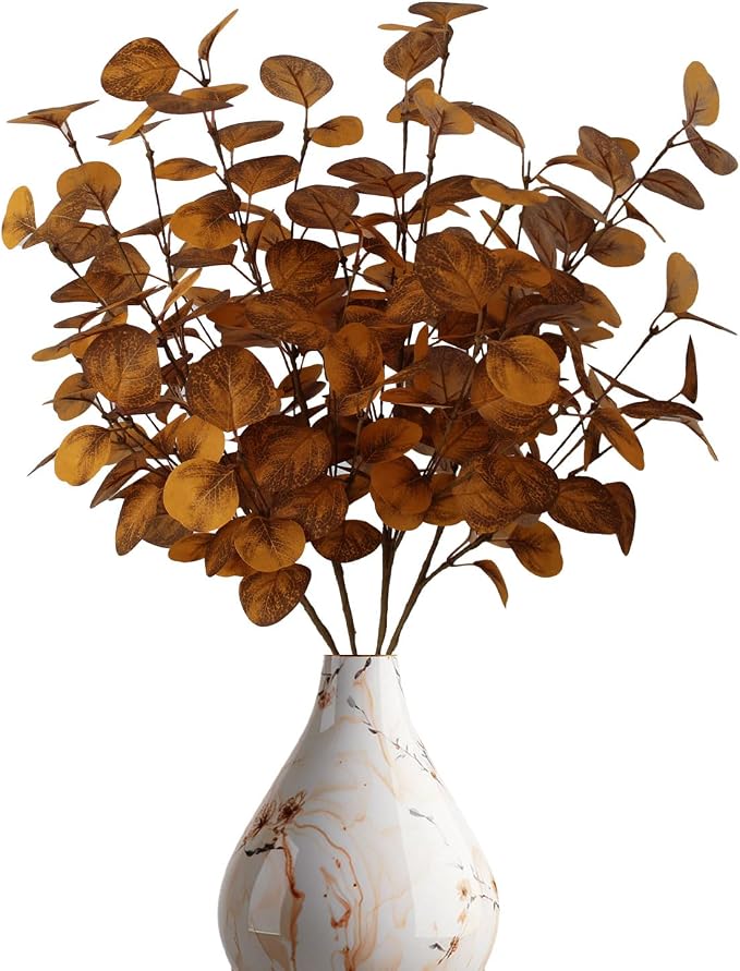 4PCS 23.62" Autumn Brown Metallic Artificial Eucalyptus Stems Real Faux Eucalyptus Leaves for Fall Home Decor, Thanksgiving Centerpiece Christmas Living Room Vase Decoration