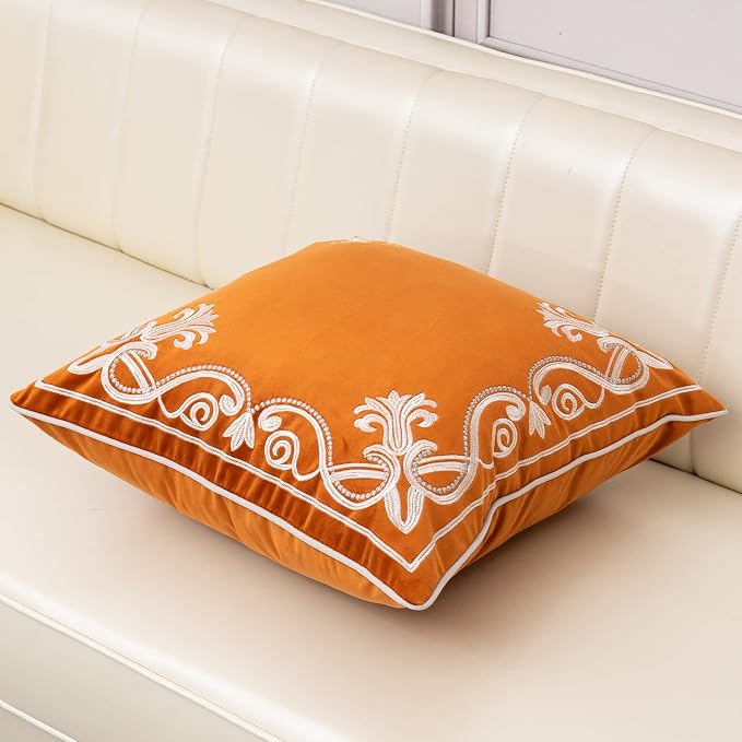 Aeckself European Floral Pillow Cover 18x18 Inch, Luxury Velvet Embroidered Decorative Throw Pillow Cover for Couch Bedroom Living Room, Burnt Orange and White