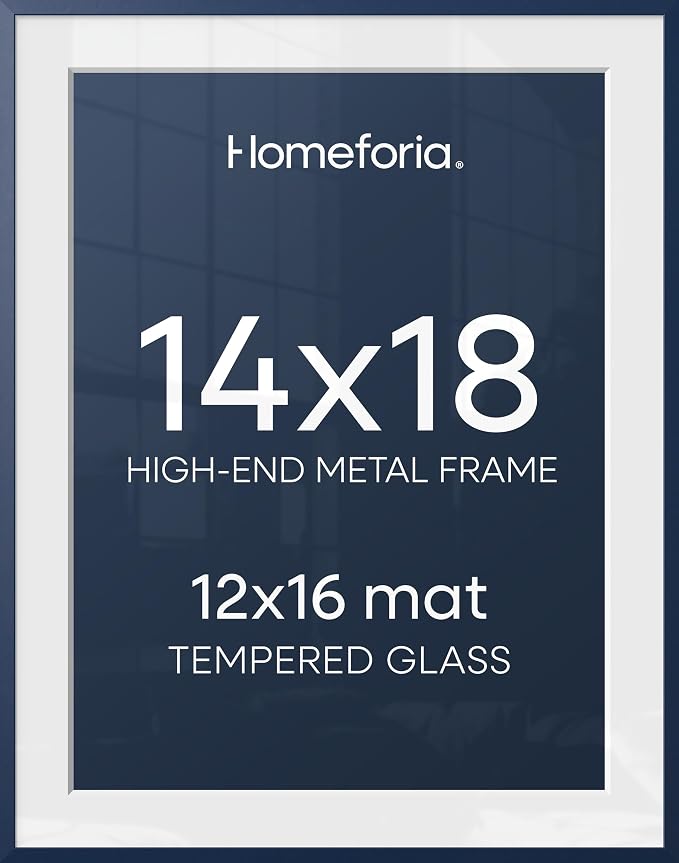 Homeforia 14x18 Blue Picture Frame, High-End Metal, 12x16 Mat, Glass