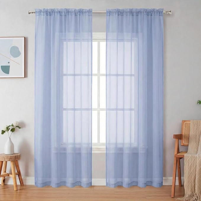Simplebrand Denim Sheer Curtains 84 Inches Long, Light Filtering Rod Pocket Solid Color Window Sheer Curtain Panels, Elegant Curtains & Drapes for Living Room, Bedroom 2 Panels (Denim, 42" W x 84" L)