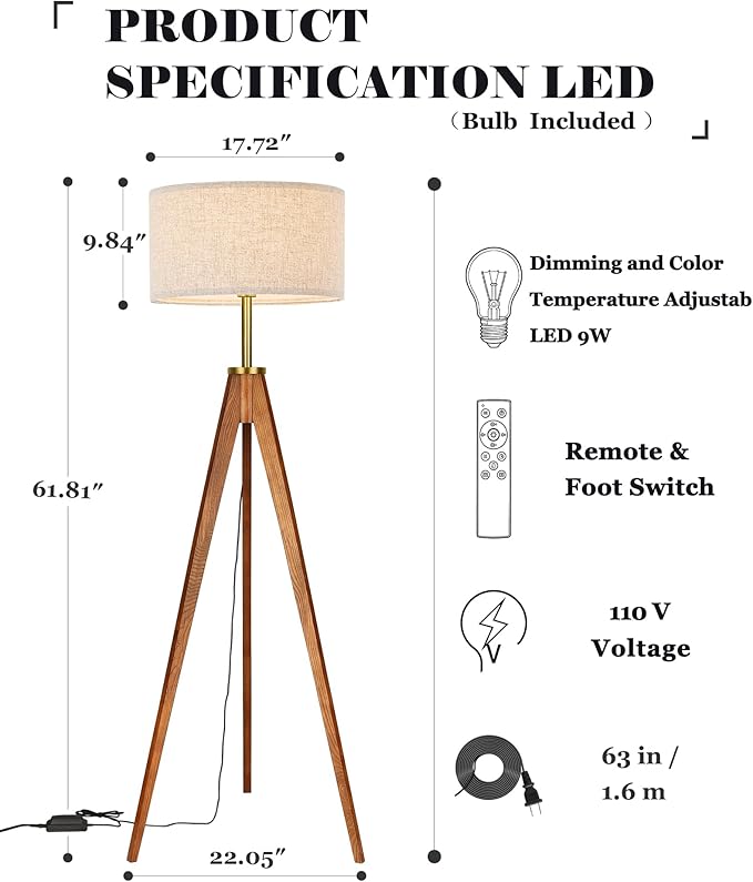 ELYONA Floor Lamp for Living Room, Solid Ash Wood Tripod Floor Lamp with Remote Control, Stepless Dimmable Standing Lamp for Bedroom, Office, Tall Lamp with Linen Shade, Mid Century Modern & Farmhouse
