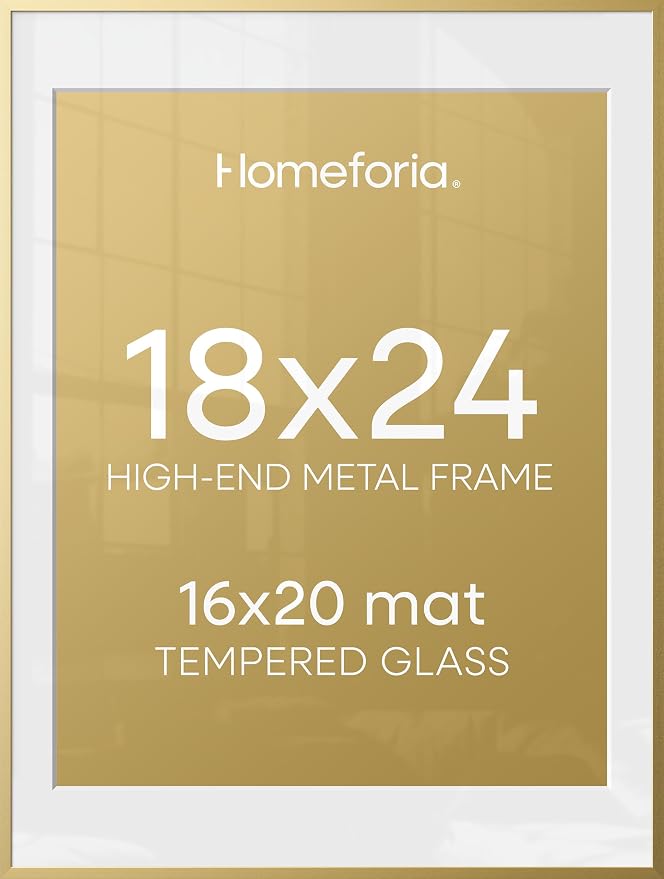Homeforia 18x24 Gold Poster Frame, High-End Metal, 16x20 Mat, Glass