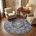 GarveeHome 4ft Round Rug for Living Room Washable Vintage Floral Throw Rug | Leaf Flower Botanical Floor Carpets for Bedroom Vintage Distressed Blue Bordered Area Rug for Dining Room