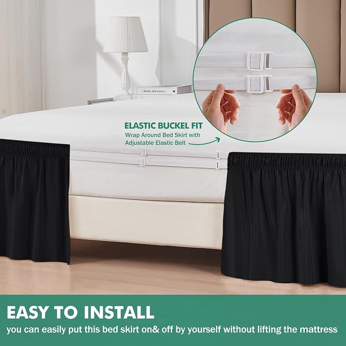 Wrap Around Full Size Bed Skirt Split Corners 18" Drop-Elastic Dust Ruffle | Black Adjustable Pleated Bedskirt-Easy Fit Wrinkle Resistant Washable Bed Skirting-Hotels Apartment Guest Bedroom Bed Posts