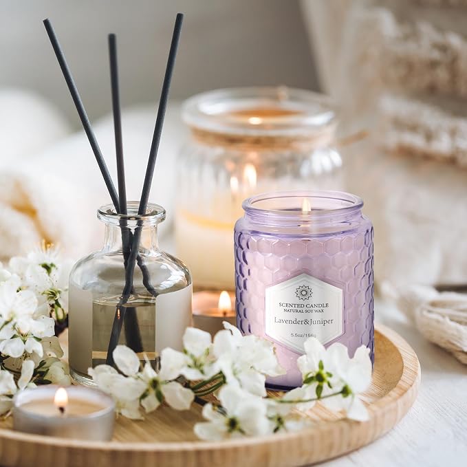 Candles for Home Scented, Purple Jar, 6 Pack | Natural Soy Wax, Cotton Wick, 33Oz, 240 Hrs Burning Time, Reusable Décor, Aromatherapy Gift Set for Women Home & Office