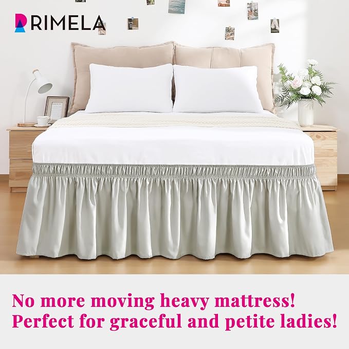 Light Grey Bed Skirt Queen Size 18" Drop, Elastic Wrap Around Bedskirt | Solid Ruffled, Easy to Use, No Mattress Lifting, Wrinkle & Fade Resistant, with Adhesive Strips, Machine Wash/Dry/Iron
