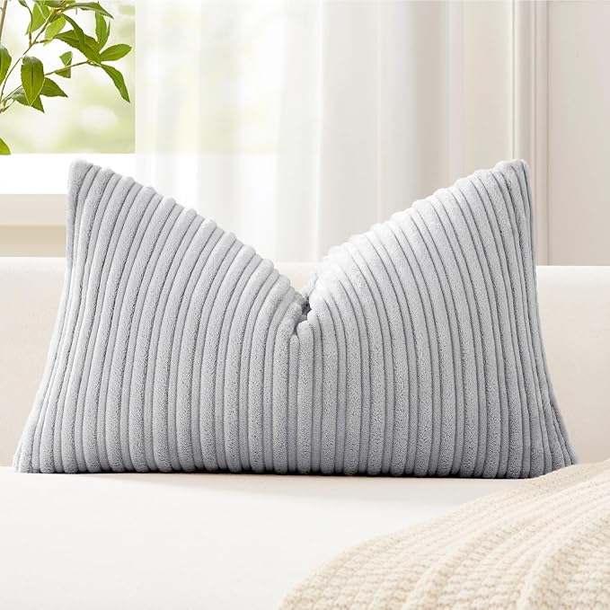 Kevin Textile Striped Corduroy 12”x20” Pillow Cover 1 Pack, Light Grey