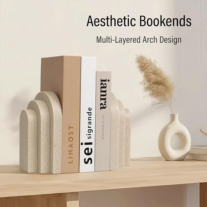 LIN CHUAN Heavy Duty Bookends for Shelves, Set of 2, Sandstone Beige | Book Ends for Heavy Books, Decorative Book Stopper with Faux Sandstone Finish, Layered Arch Design Bookshelf holder, 6.6 lbs