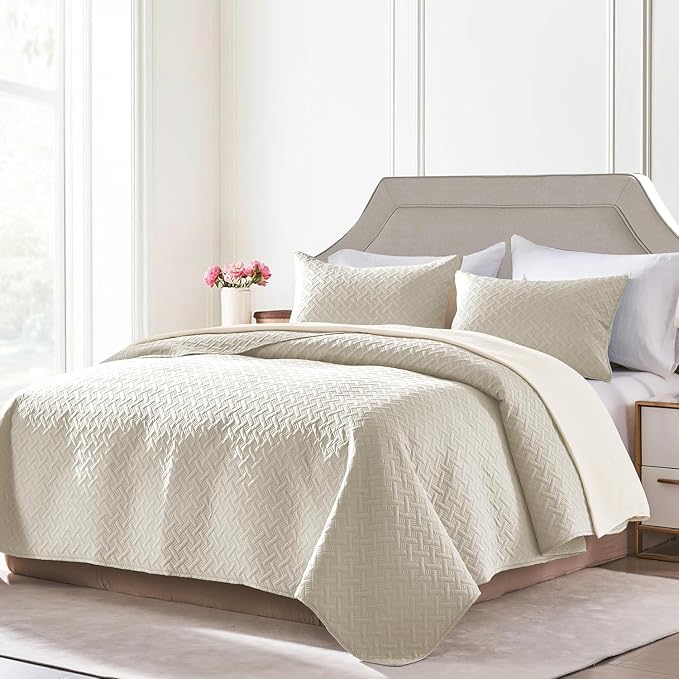 FLYMME Twin Quilt Set,Lightweight Cream Bedspreads,Basket Weave Pattern,Ultra Soft Microfiber Bedspread Bed Coverlet 2 Pieces for All-Seasons (1 Quilt,1 Pillow Sham)