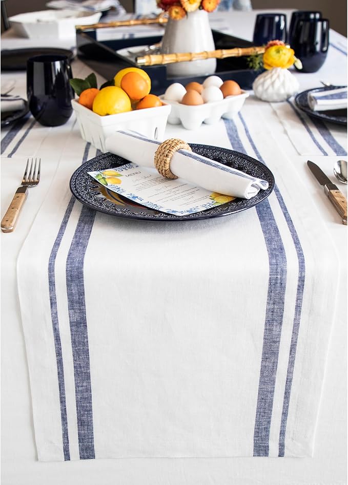 Solino Home 100% Pure Linen Table Runner, 14 x 108 in, Navy, French Stripe | a graceful centrepiece for dining and gatherings, woven stripe, European flax fibres, machine washable, OEKO-TEX Certified