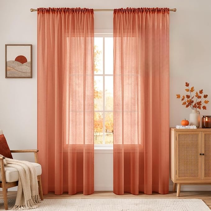 MIULEE Fall Burnt Orange Linen Textured Semi-Sheer Curtains 54W×90L | Semi Transparent, Farmhouse, Window Net Panels with Rod Pocket for Bedroom Living Room