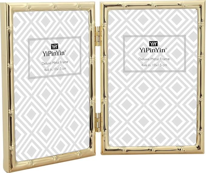 YiPinYin 4x6'' Bamboo Detail Double Photo Frames, Gold Metal Picture 6x4'' Double, Elegant Gold Thin Edge Photo Frames 4 x 6'' With Soft Touch Velvet Backing and Real Glass for Desktop