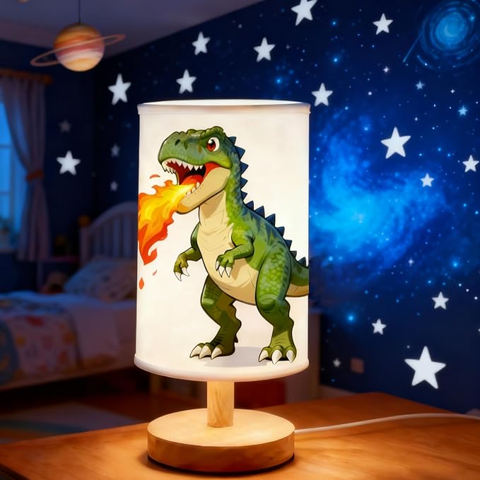 Dinosaur Lamp Kids Lamps for Bedrooms Boys, 3 ColorsNightstand Light Lamp, Round Wood Base Flaxen Fabric Desk Lamp for Kids Room, Dino Lamp Gift for Boy (LED Bulb Included) (Dinosaur)