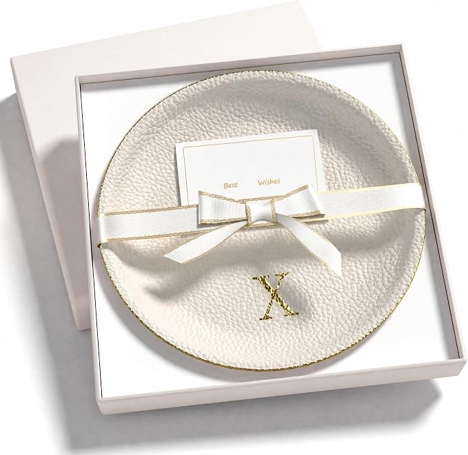 Initial Jewelry Dish for Women, Shatterproof Vegan Leather Ring Holder with Stainless Steel Core, Personalized Monogram Trinket Tray, Birthday Bridesmaid Gift with Box (Cream Letter X)
