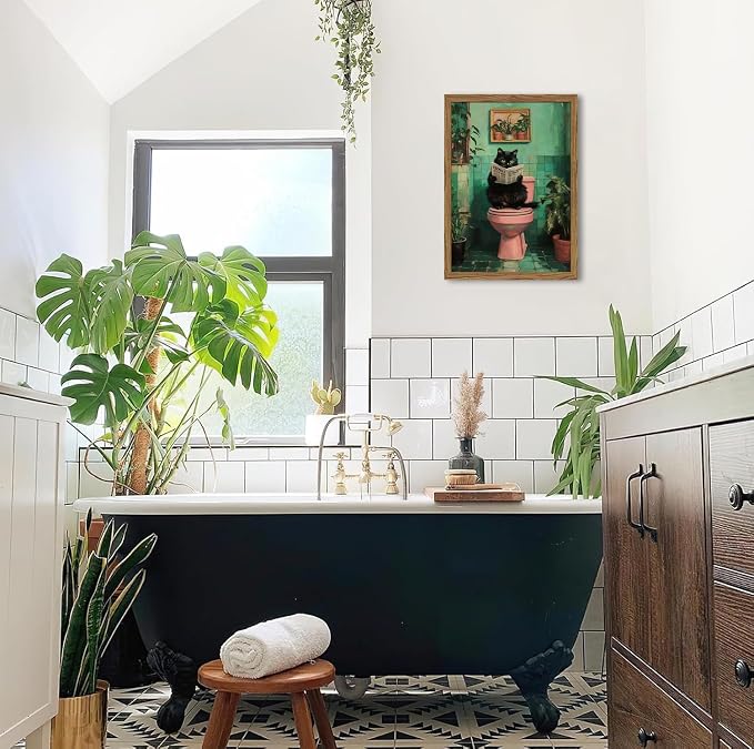 Funny Bathroom Cat Wall Art, Humorous Black Cat Restroom Wall Decor Paintings, Funky Animal on Toilet Reading Newspaper Canvas Prints Artwork 12x16 inch Wood Framed