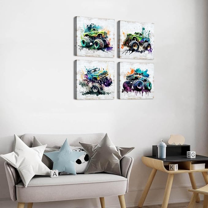 Car Room Decor Truck Canvas Wall Art Framed Boys Room Watercolor Cartoon Car Racing Vehicle Painting Modern Canvas Prints Farmhouse Artwork for Playroom Living Room Garage Home Decorations 16×16" 4Pcs