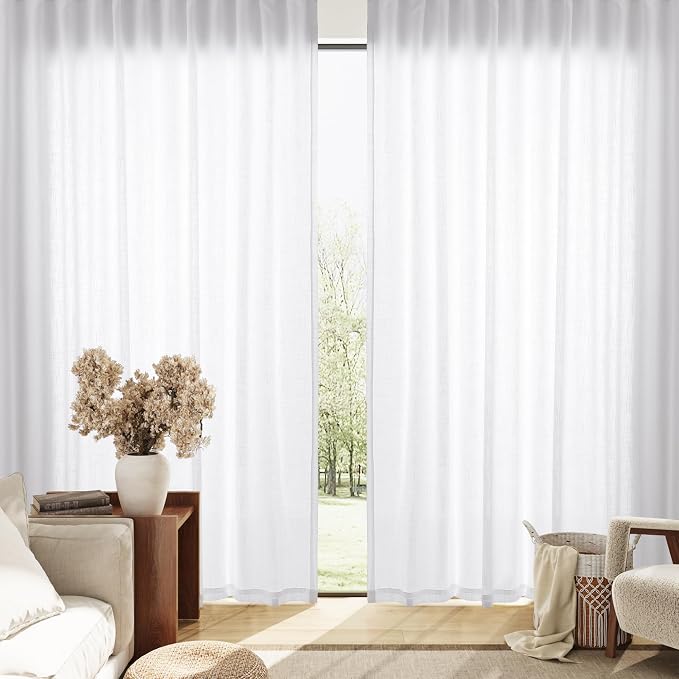 Linen Curtains 54 Inch Length for Kitchen Back Tab Rod Pocket Semi Sheer Light Filtering Short Mini Curtain Boho Modern Farmhouse Drapes for Bath Room Cafe Solid Living Room 52Wx54L White 2 Panels