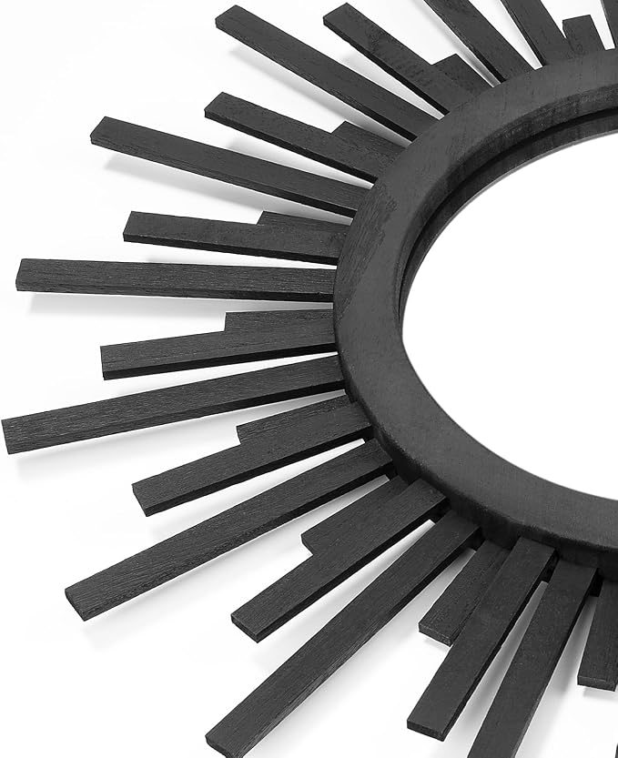 24 Inch Boho Sunburst Mirror, Round Wooden Wall Decor Starburst Sun Mirror for Bedroom, Living Room, Bathroom, Hallway, Balcony, Farmhouse Entryway, Housewarming Gift（Black