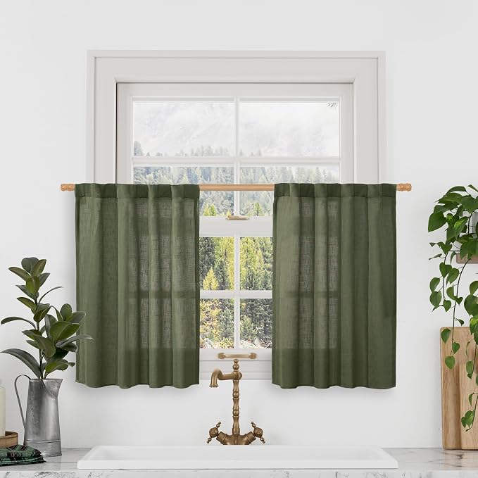 Christmas Short Linen Curtains 36 Inch Length for Cafe Window | Olive Green, Kitchen Window Over Silk, Semi Sheer, Light Filtering, Neutral Drapes for Bathroom, Rod Pocket Back Tab