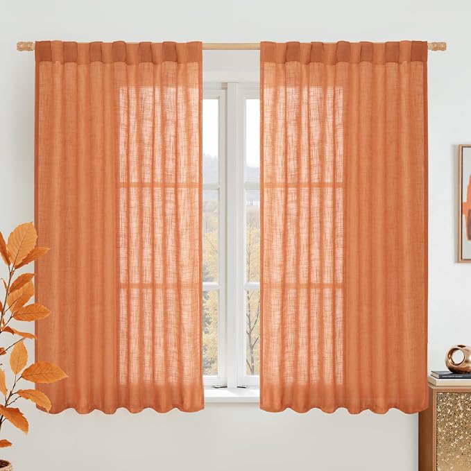 Burnt Orange Linen Curtains 54 Inch Length 2 Panels for Bedroom | Light Filtering Panels, Semi Sheer, Rod Pocket Back Tab, Neutral Drapes for Kitchen Window, Living Room, 52 x 54 Inch