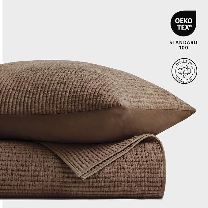 EVERGRACEHOME Cotton Ribbed Matelassé Coverlet Set, Queen, Sienna Brown | Soft Lightweight Bedspread, 3 Pieces, Breathable Cozy Oversized Quilted Bedding Set for All Seasons, with 2 Pillow Shams