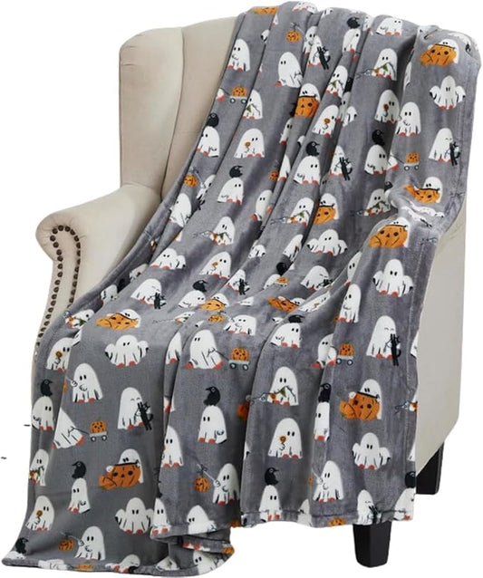 Halloween Ghost Fleece Throw Blanket, Cute Baby Ghost Party, Gray, 50x70 in | Ultra-soft cozy flannel fleece, for sofa couch bed chair & dorms, spooky Halloween décor, durable and machine washable.