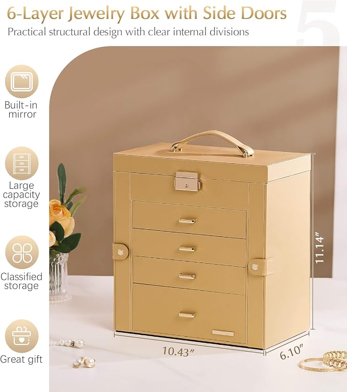 Homde Large Jewelry Box for Women: 5-Layer Organizer with Lock for Dresser | Separated Storage for Necklace Earring Ring Watch to Sort Daily Jewelry - Keep Vanities Tidy - Suitable for Birthday Gift