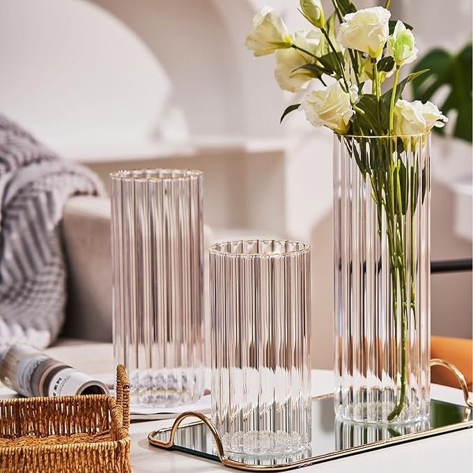 8 inch Clear Glass Flower Vases,Ribbed Vase for Centerpiece Table Home Indoor Desk Decor, Modern Boho Style Vase for Wedding House Gift
