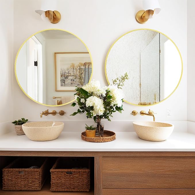 Gold Wall Mirror 28 inch, 2 Pack Round Mirro, Brushed Metal Frame | High Definition Mirror, Rust-resistant, Easy Installation, Circular Mirrors for Living room Bedroom, Entrance, Restroom