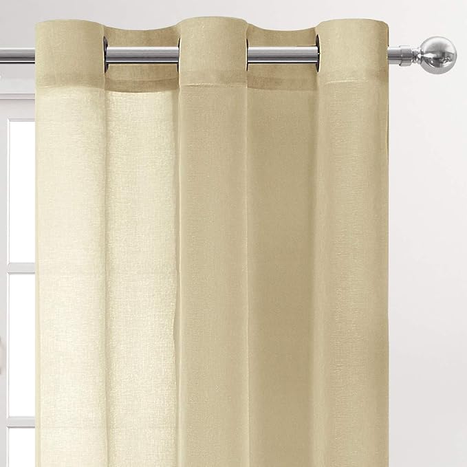 DWCN Beige Sheer Curtains for Living Room Bedroom - Faux Linen Look Voile Drapes Grommet Top Window Curtain Panel 46 x 45 Inch Length, Set of 2 Panels