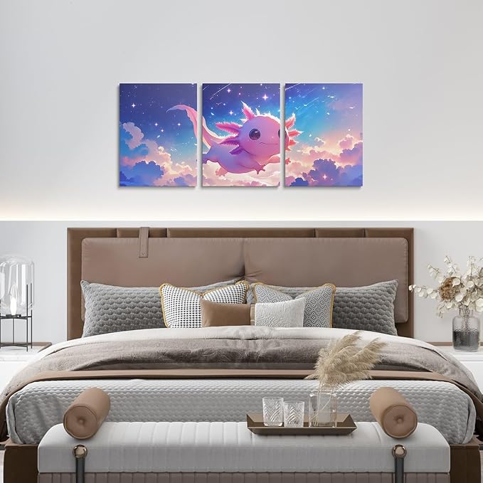 Feelyou Kids Cute Axolotl Picture Wall Decor Cartoon Salamander Canvas Wall Art for Living Room Bedroom Galaxy Wall Painting Posters and Prints Boys Girls Sealife Bathroom Wall Art 12"x16"x 3Pcs
