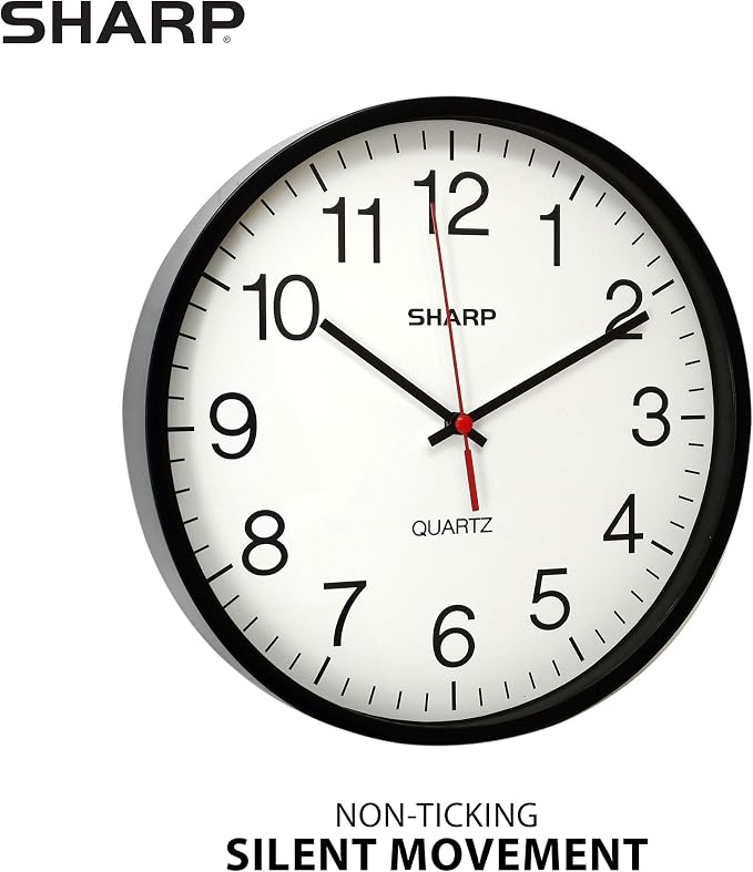 Sharp Wall Clock – Black, Silent Non Ticking 12 Inch Quality Quartz Battery Operated Round Easy to Read Home/Kitchen/Office/Classroom/School Clocks, Sweep Movement (Pack of 4)