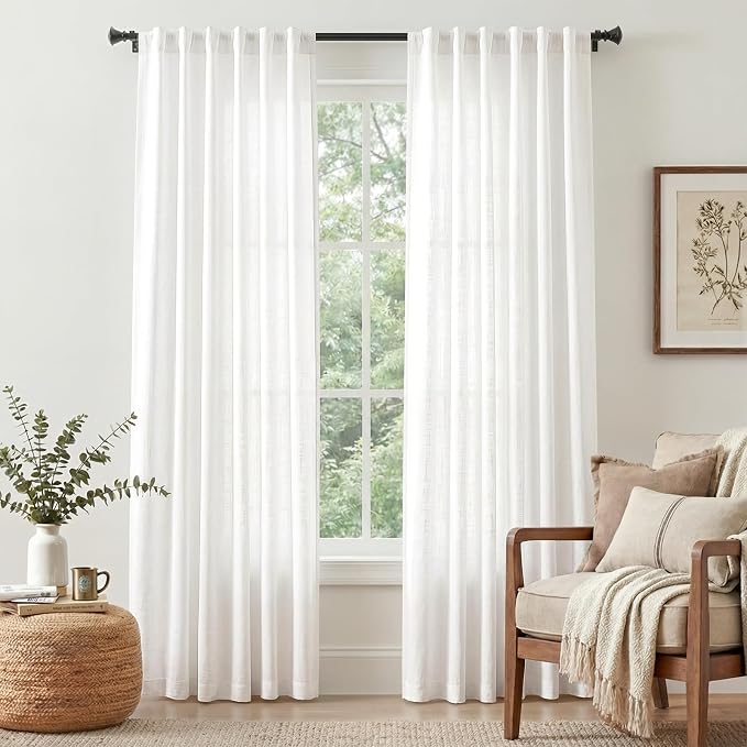 jinchan Linen Curtains Light Filtering Back Tab 50x84 Inch 2 Panels White | Semi Sheer Curtains 84 inch length for Bedroom Living Room, Modern Farmhouse Drapes with Rod Pocket, Natural Boho Curtains