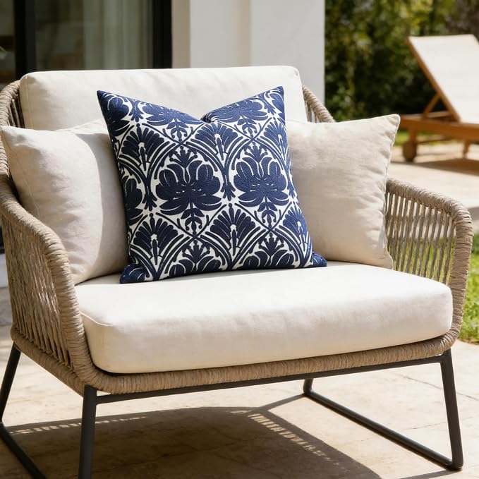 Slow Cow Embroidered Blue Throw Pillow Cover Geometric Decorative Cushion Covers for Sofa 18 x18 Inches