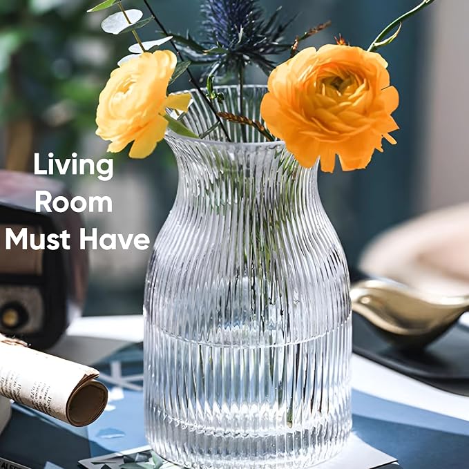 New 2026 Design Ribbed Glass Vase Wide - 8 Inch Tall Ribbed Vase for Wedding Reception, Home Decor, Housewarming Gift - Decorative Flower Vases - Bud Vase for Centerpieces & Cylinder Vases